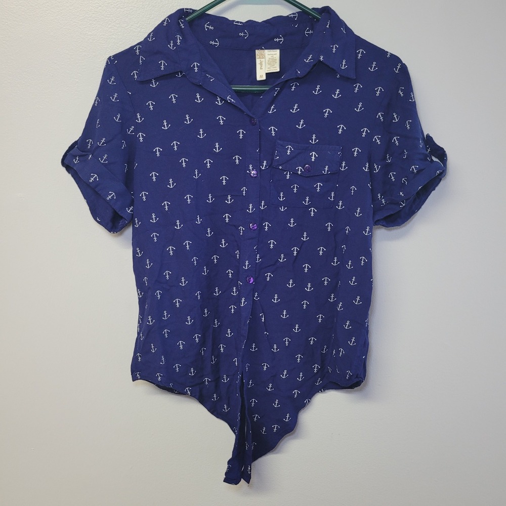 Japna Blue Anchor Print Tie Front Button Up Shirt Juniors Medium